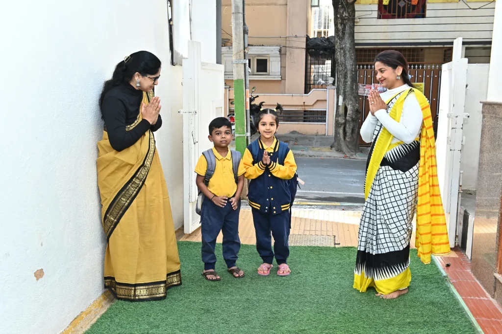 Teachers welcoming children at ACE Montessori, Padmanabhanagar and Jayanagar, Bangalore