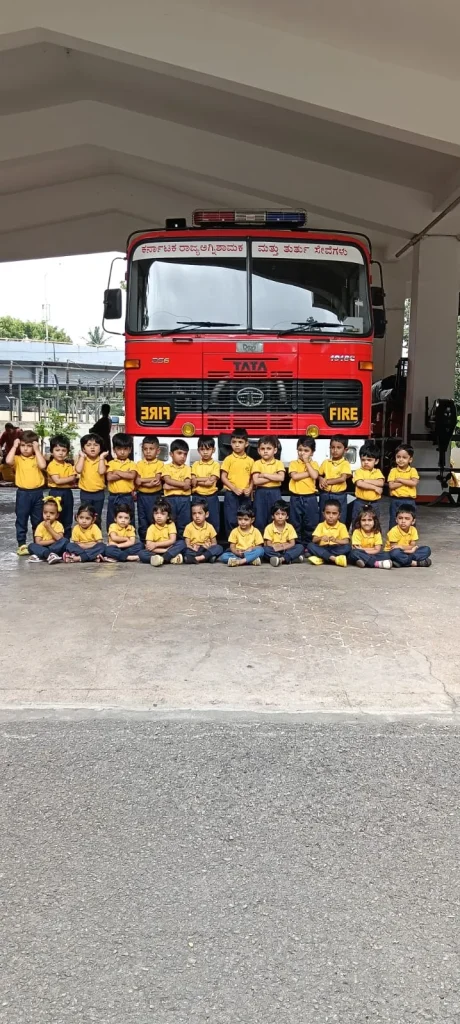 Children on a fire station visit at ACE Montessori, Padmanabhanagar and Jayanagar, Bangalore