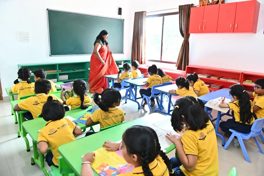 Children working at classroom tables at ACE Montessori, Padmanabhanagar and Jayanagar, Bangalore