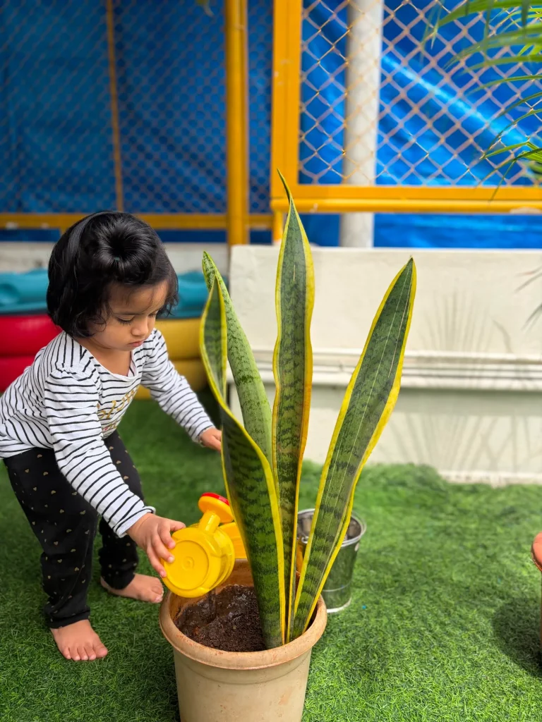 Toddler watering plants at our Montessori school in Jayanagar 4th Block, Bengaluru