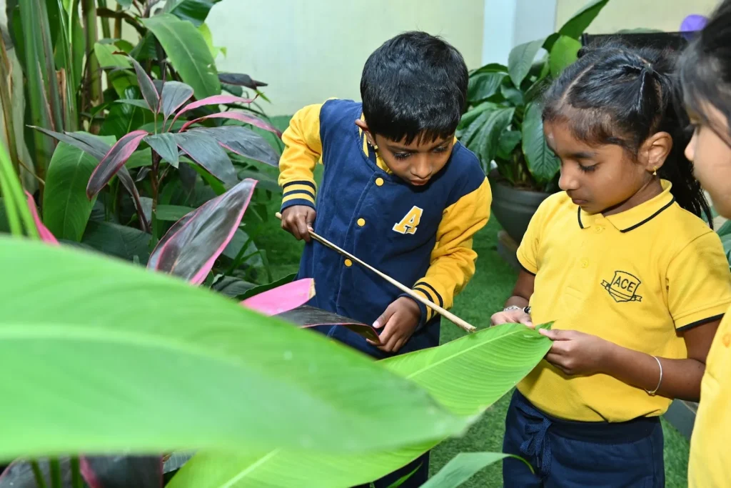 Children exploring the garden at our preschool in Padmanabhanagar, Bangalore